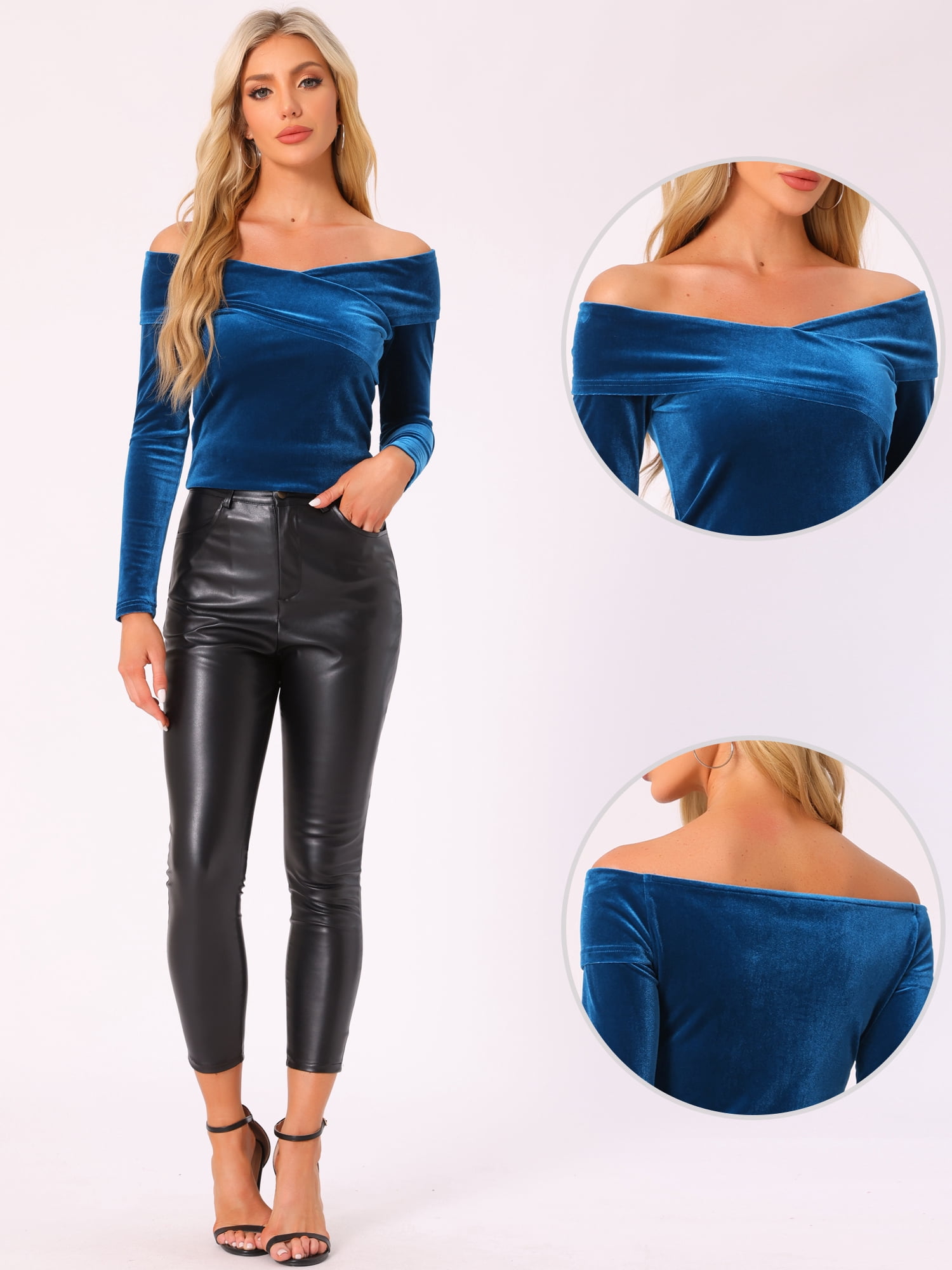 DARING DIVA Women's Cocktail Long Sleeve Off-Shoulder Velvet Tops S Peacock Blue