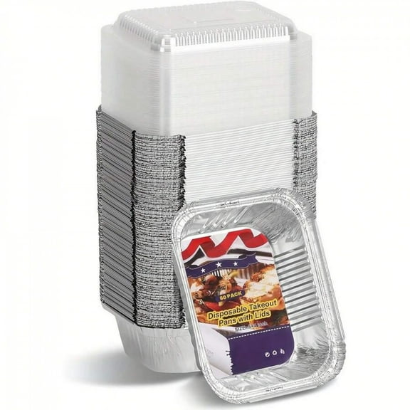 JQDWMDLX 60 PACK 1 Lb Small Aluminum Foil Pans with Clear Lids , Disposable Cookware, Takeout Trays, Food Containers for Restaurants & Catering