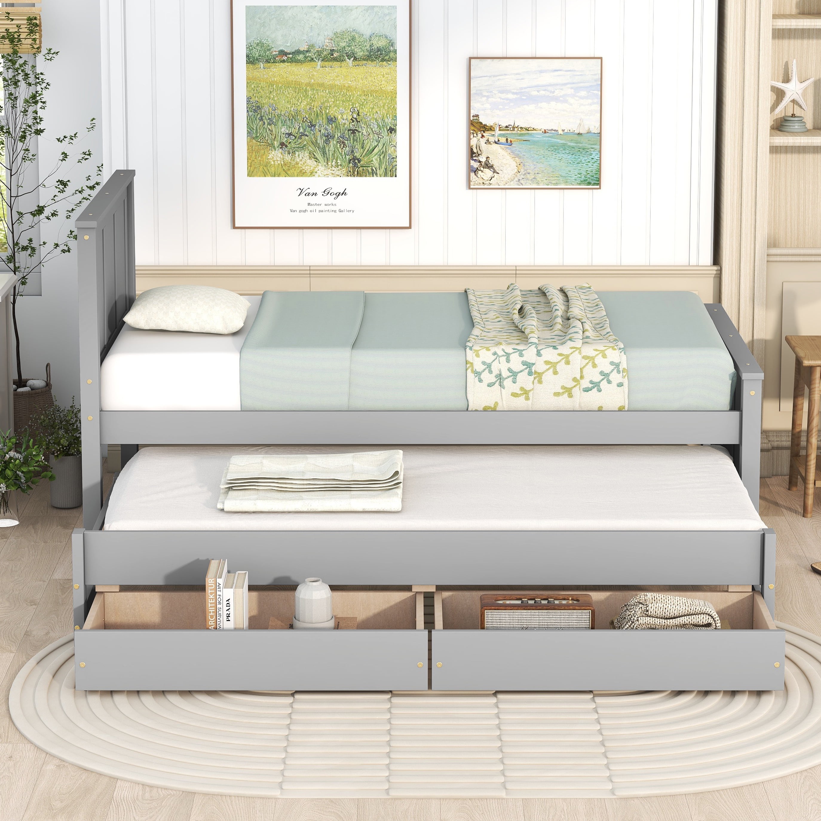 Aukfa Twin Platforms Storage Bed with Trundle, Wood Captain's Bed with 2 Drawers - Gray