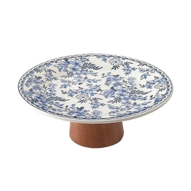 Frutero de cerámica con pedestal floral y base de madera, plato decorativo for aperitivos
