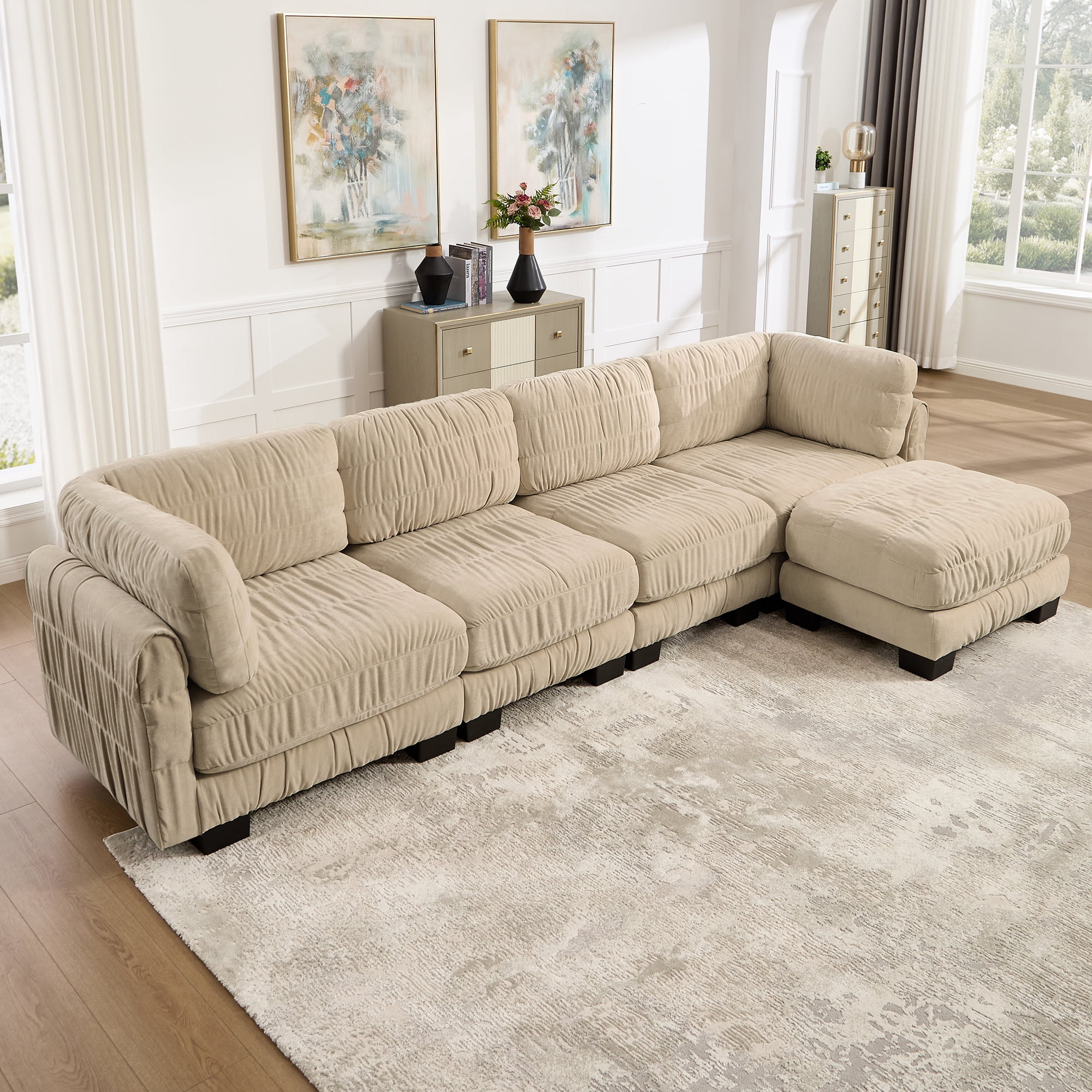 140" L Shape 4 Seat Chenille Modular Sectional Sofa with Ottoman and L Shape Back Cushions,Easy Assembly