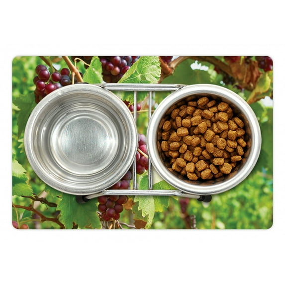 Grape Pet Mat for Food and Water, Bunch of Concorde Wine Fruits Blurred Backdrop Country Vineyard View, Non-Slip Rubber Mat for Dogs and Cats, 18" X 12", by Ambesonne