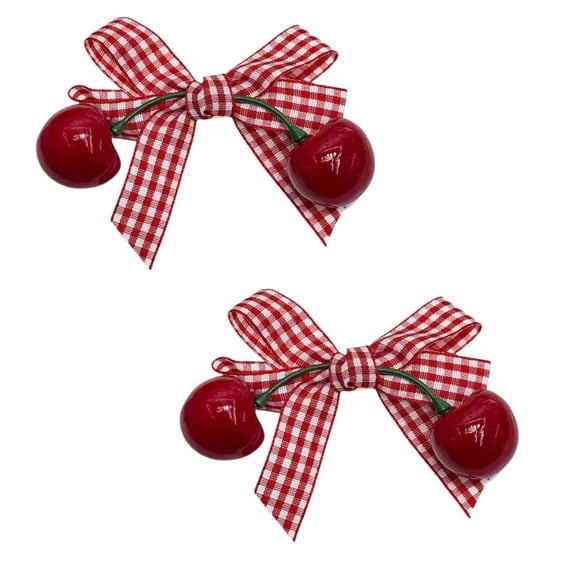 2Pieces Plaids Hair Bows Cherries Pendant Head Accessories Slip Resistant Side Hairpin for Girls School Event Outfit