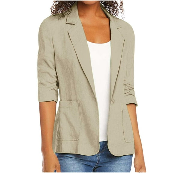 Guieoi Plus Size Jackets Clearance Fashion Women Turn Down Collar 3/4 Sleeve Casual Coat Cardigan Blouse Beige Black*Friday/Cyber*Monday Clearance