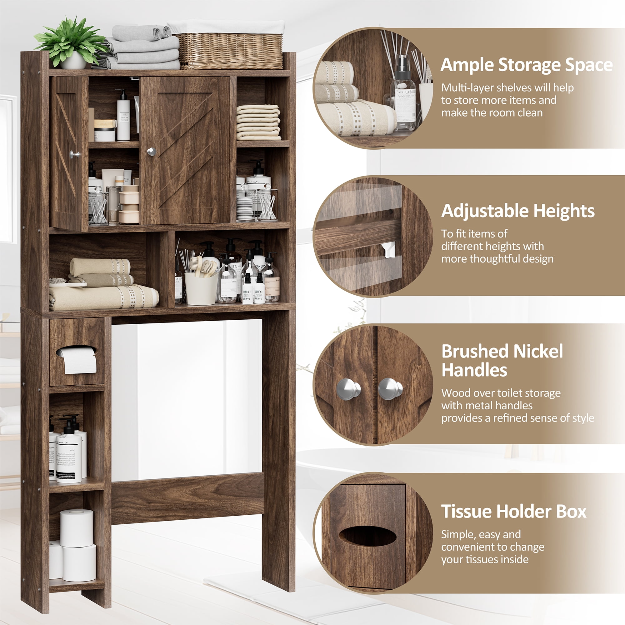 Walsunny Over the Toilet Storage Cabinets with Doors Side Shelves Toilet Paper Holder Stand Organizer Shelf Rack Space Saver above behind Toilet Freestanding for Bathroom Restroom Laundry Walnut