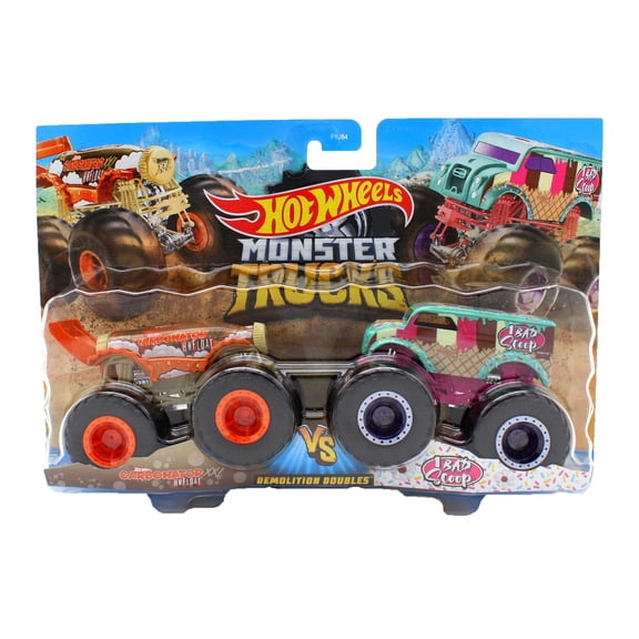 Hot Wheels Monster Trucks 1:64 Scale Demolition Doubles, Carbonator XXL vs 1 Bad Scoop