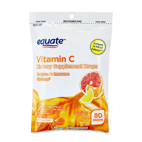 Equate Vitamin C Immune Support Vitamin C Supplement Drops, Assorted Citrus Flavor, 80 Count, Compare to HALLS Defense®