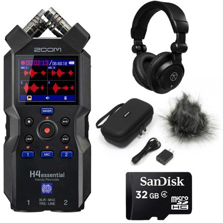 Zoom H4essential 4-Track 32-Bit Float Handy Recorder, Bundle with TAPH100 Headphones and APH-4E Accessory Pack