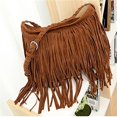 thumbnail image 5 of Leather shoulder bag with fringes and adjustable knitted strap, soft ethnic velvet leather shoulder bag, solid color shoulder bag with fringes, 5 of 5