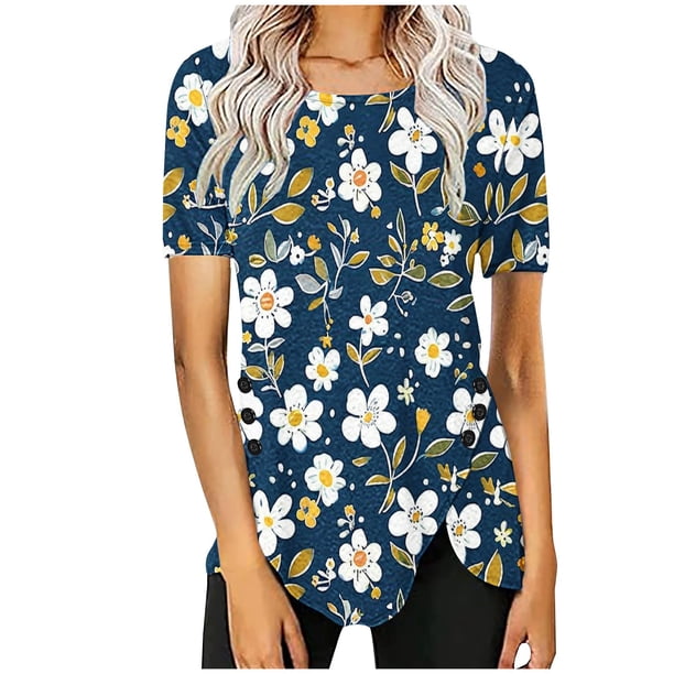 Blusas de Manga Corta para las Mujeres Botón Impreso Cuello Redondo Top Casual, Blusas para las Mujeres Casual