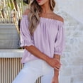 thumbnail image 4 of YVNAURA Womens Off Shoulder Puff Sleeve Blouse 2026 Summer Cute Loose Fit Smocked Top Lightweight Breathable Cotton Casual Short Sleeve Shirt Beach Vacation Going Out Daily Wear, Purple,XXL, 4 of 6