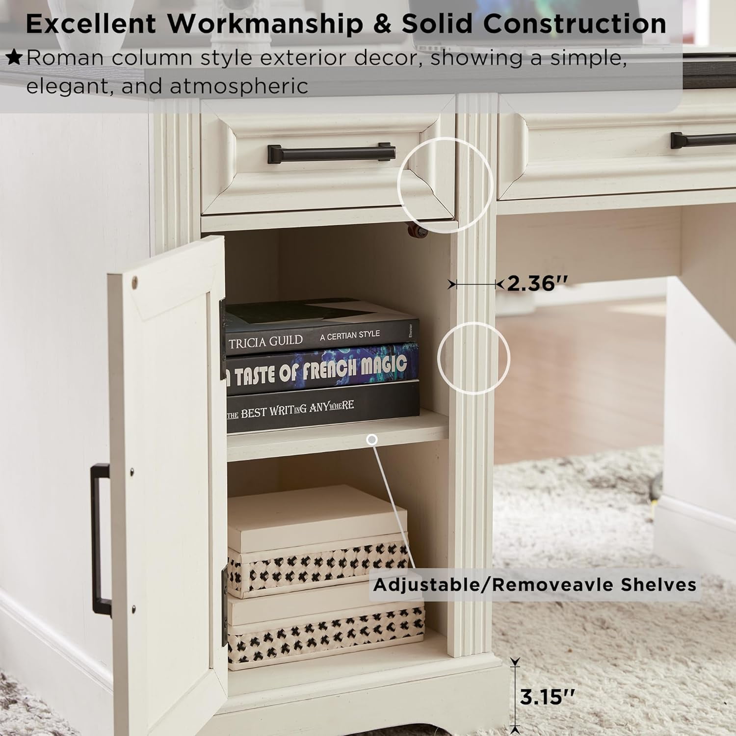 T4TREAM Executive Desk with Hutch, Farmhouse Office Desk with Charging Station & Wood Bookshelf Drawers and Storage Cabinet, White