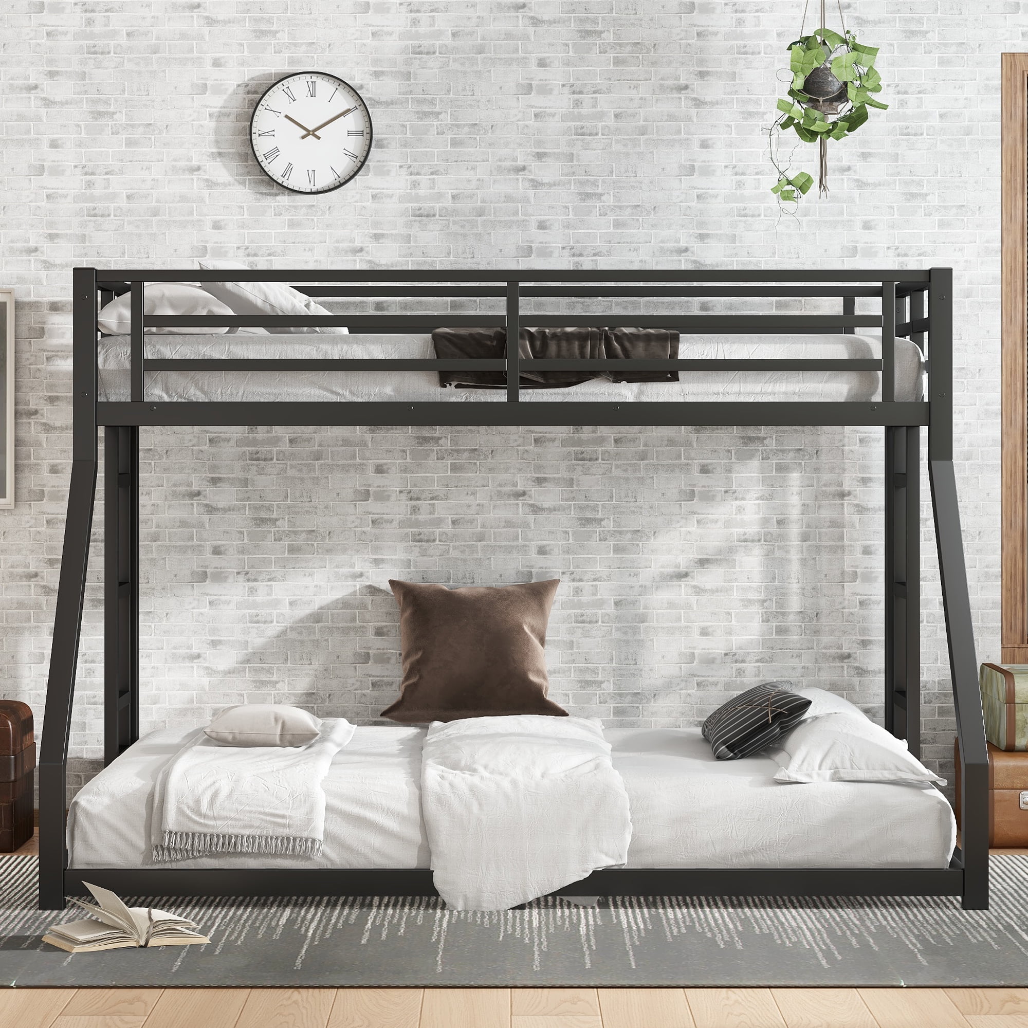 Twin XL Over Queen Bunk Bed for All Ages, Heavy Duty Metal Bunk Bed Frame with 2 Side Ladders & Safety Rails, Space-Saving, Multi-Functional, Black