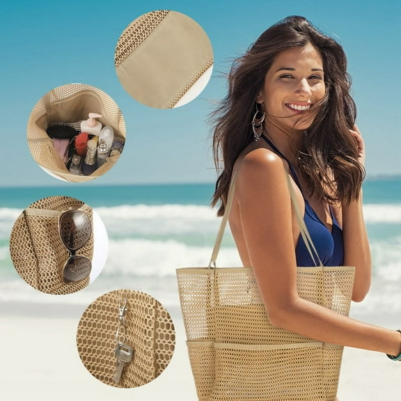 Qweryboo Mesh Beach Tote Bag for Women, 2024 Upgrade Pool Bag, Mesh Bag Hobo Bag for Beach Vacation Swimming Family Travel(Brown)