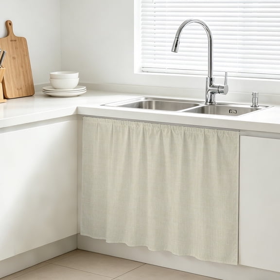 Cotton Linen Texture Cabinet Curtains for Kitchen 11"W x 13"L, Contemporary Beige Background Vanity Cabinet Curtains Magic Tape Short Curtain Decor Privacy Panel for Bathroom Laundry