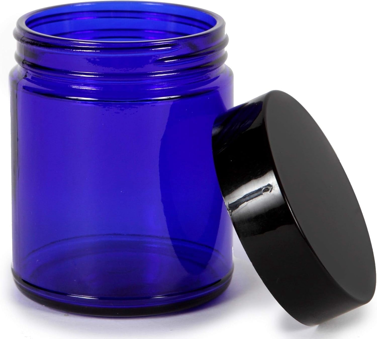 Vivaplex, Cobalt Blue, 8 ounce, Round Glass Jars, with Black Lids - 8 pack