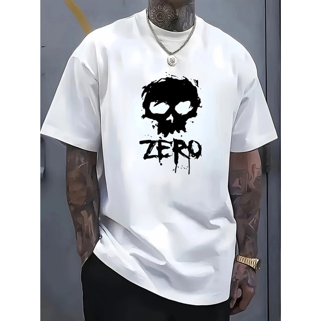 Camiseta de Halloween - Camiseta informal de verano para hombre con estampado gráfico de calavera y "ZERO", cuello redondo, manga corta, tela de algodón, corte regular - Ideal para deportes y ocio