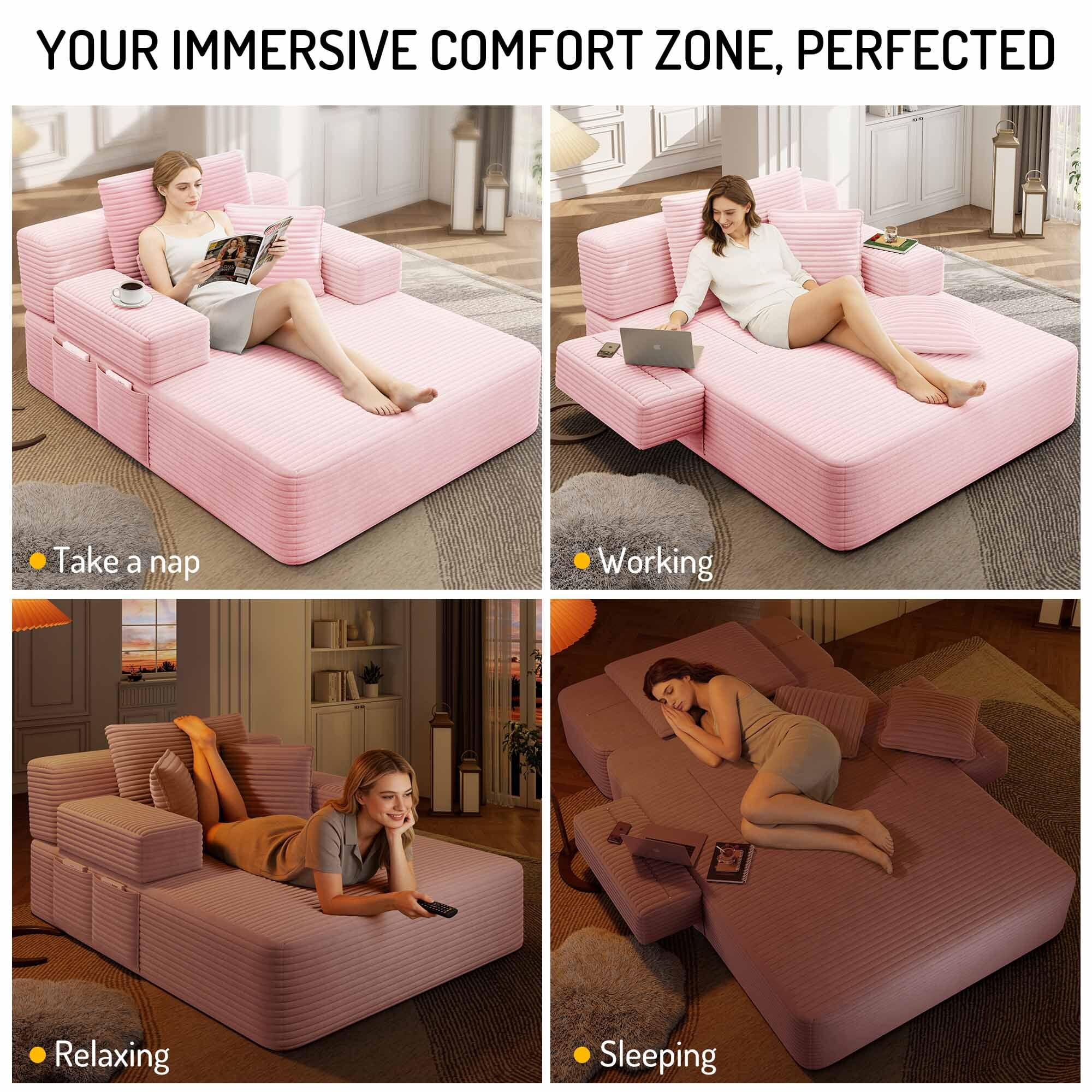 Lunale Boneless Chaise Lounge Chair Indoor, Oversized Convertible Sofa Bed, Cloud Corduroy Sofa Chair for Living Room, Pink