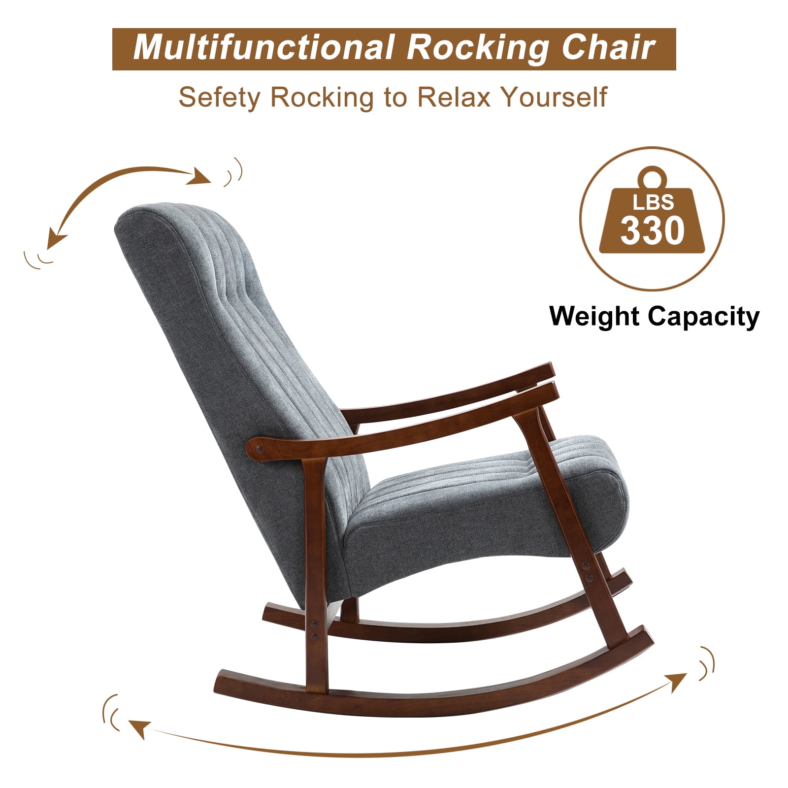 Homhum Upholstered Rocking Chair, Modern High Back Armchair, Adult Single Sofa for Indoor, Dark Gray