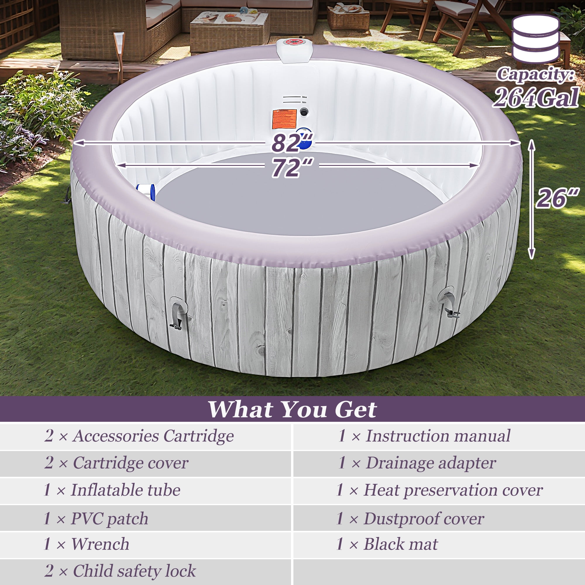 Portable Inflatable Hot Tub with Built-in Heating System - 264 Gallon Capacity, Massage Jet Home Hot Tub with Dust Cover for Teens and Adults, Wood Grain