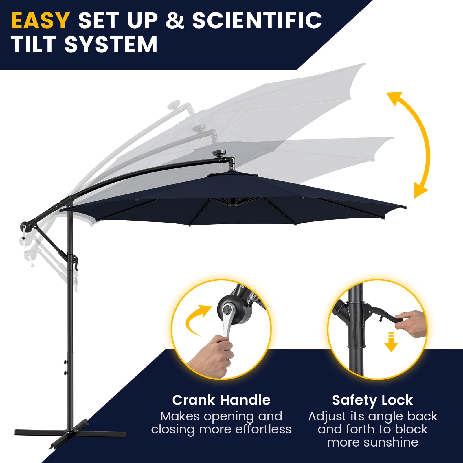 Topbuy 10FT Solar Offset Umbrella Tilted Cantilever Umbrella with 112 LED Lights Lighted Patio Sun Shade with Crank Handle Navy