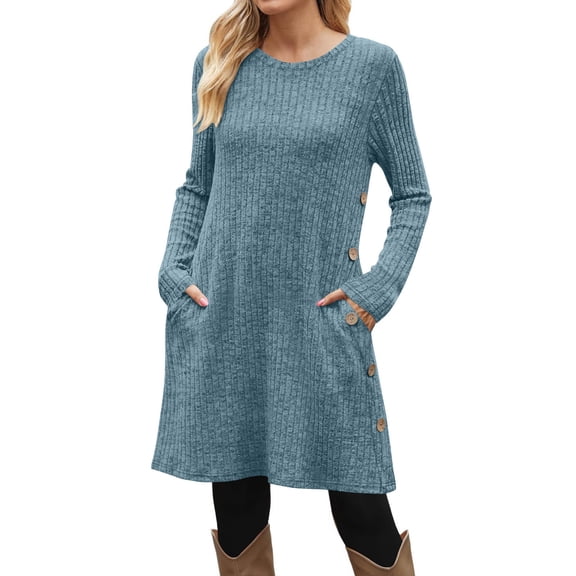 XUNKUSGA Sweater Dresses for Women Casual Solid Color Ribbed Knit Round Neck Long Sleeve Womens Sweater Dresses for Fall Loose Knee Length Fall Dresses with Pockets and Button Side Blue