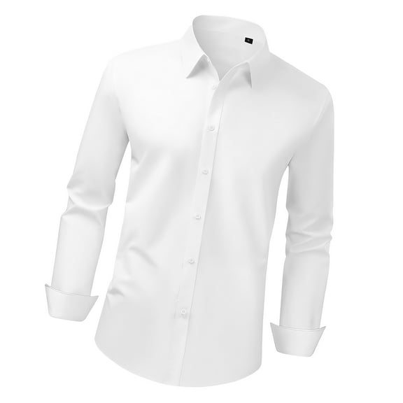 KFFKFF Men's Long Sleeve Button-Up Shirt, Slim Fit Stretch Fabric for Business, Casual, or Formal Occasions, Wrinkle-Resistant Design, Ideal for Work, Weddings, and Dinners, White
