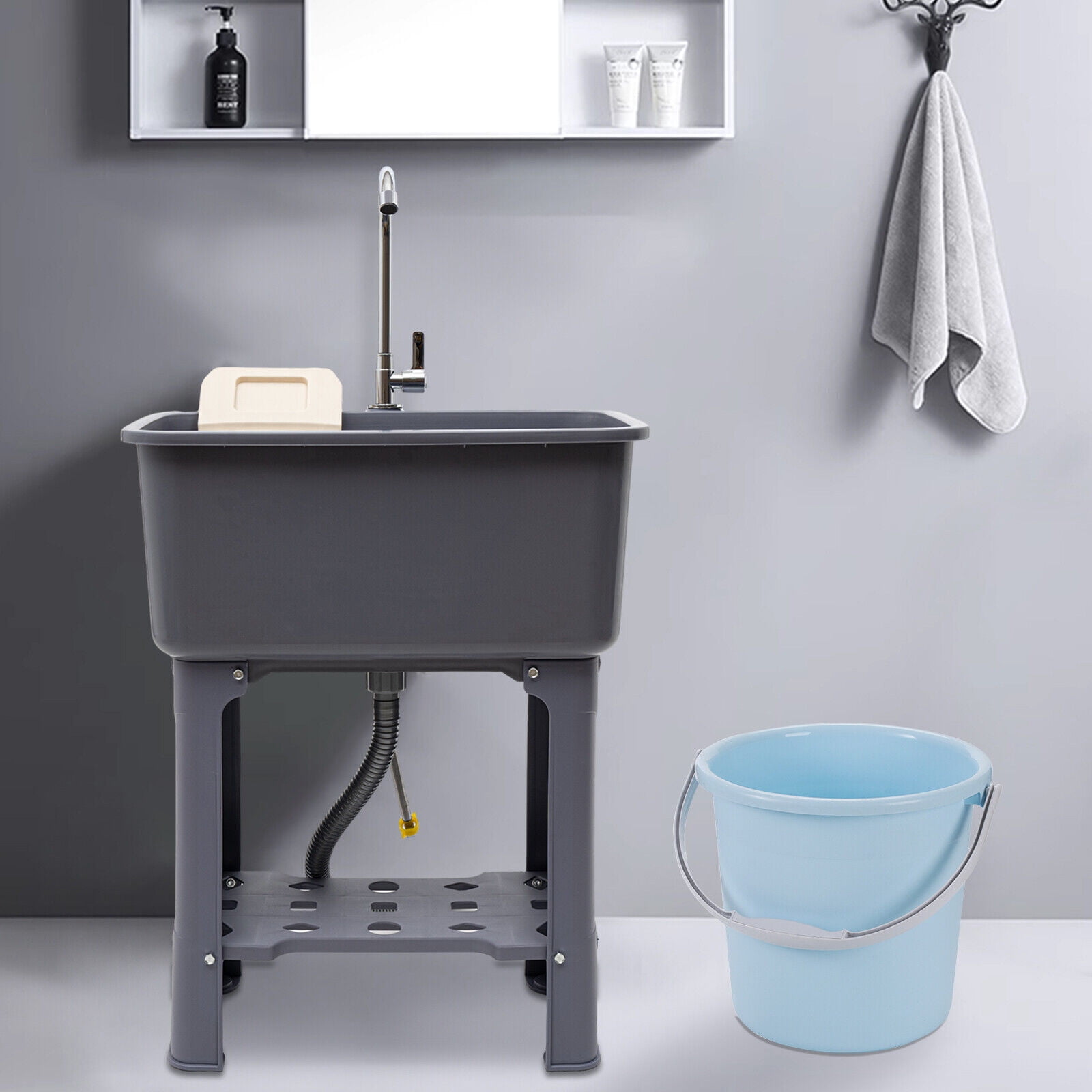 TFCFL 1-Compartment Freestanding Utility Sink Laundry Sink w/Faucet Washboard & Drain for Washing Room Basement Garage