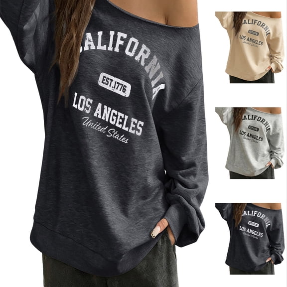 Arlun Women's off the Shoulder Sweatshirts Letter Graphic Oversized Long Sleeve Pullover Tops Loose Fit Soft Comfortable Casual Fashion Streetwear Fall Outfit 2026 1-Khaki XS