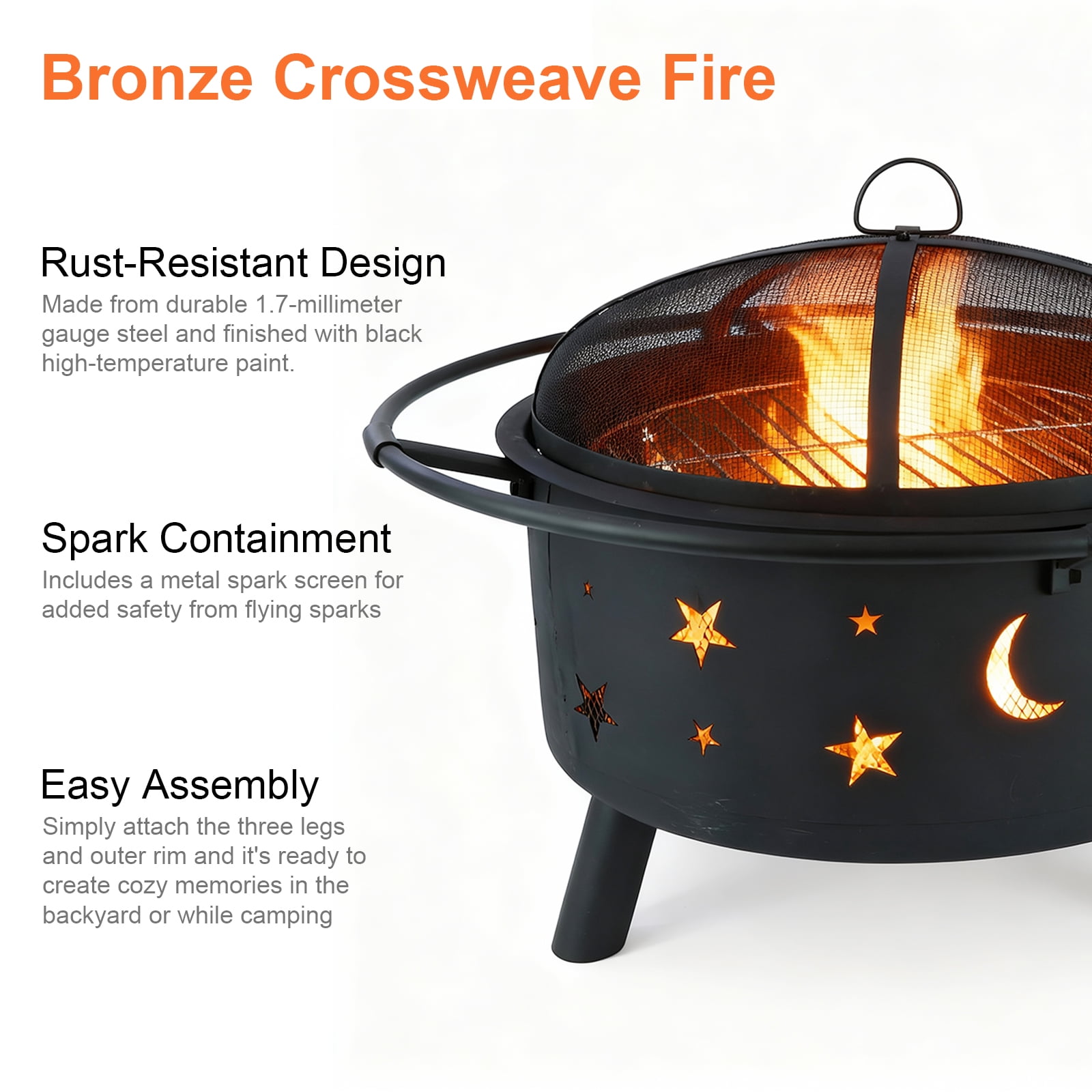 PATIO-IN 24 Inch Outdoor Fire Pit, Star and Moon Cutout Steel Fire Bowl with Mesh Spark Screen, Poker & Grate, Wood Burning Fire Pit for Patio Backyard Camping, Black