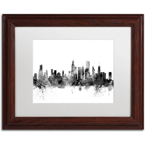 Trademark Fine Art "Chicago Illinois Skyline B&W" Canvas Art by Michael Tompsett, White Matte, Wood Frame