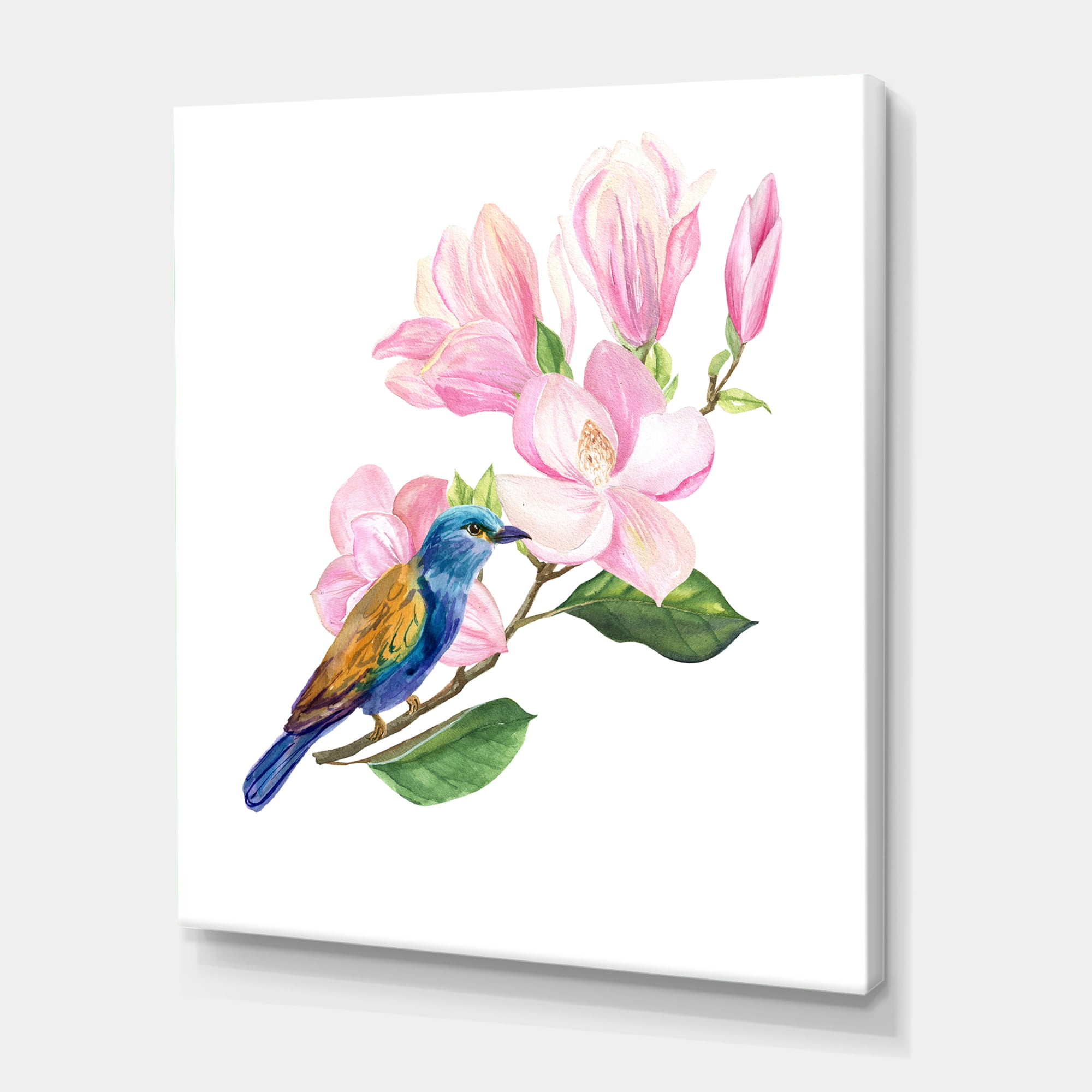 Designart ' Blue Bird Sitting On A Pink Magnolia ' Traditional Canvas Wall Art Print