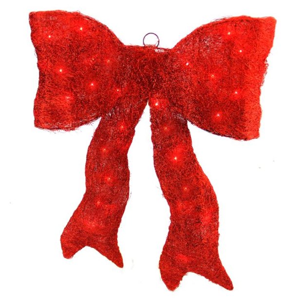 18" Lighted Sparkling Red Sisal Bow Christmas Yard Art Decoration