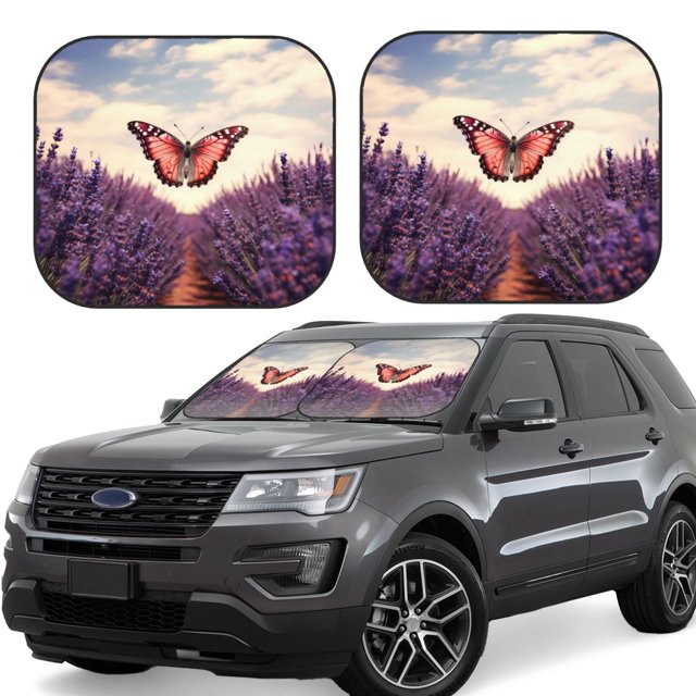 Disketp Butterfly Over Lavender Pattern 2 Piece Windshield Sunshades,Folding Windshield Sun Shade for Car SUV Trucks Sedan,Blocks UV Rays Sun Visor Protector-Large
