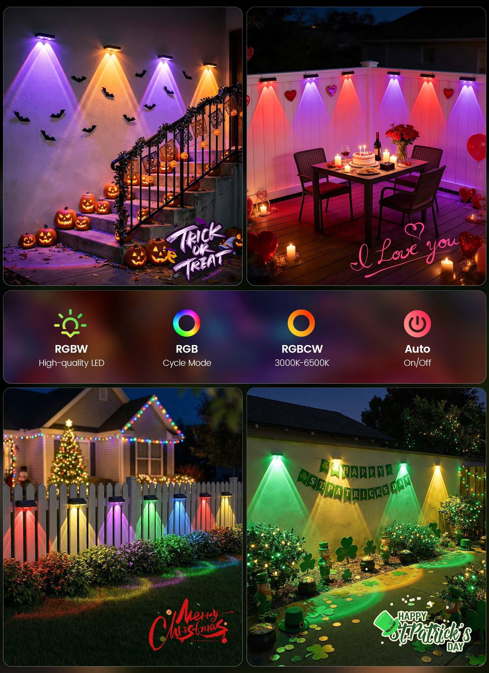 8 Pack Solar-Fence-Lights-Outdoor, IP65 Waterproof Warm White & RGB 11 Color Solar Deck Step Flood Lights, Solar Patio Lights for Outside Backyard Yard Home Improvement Wall Railing