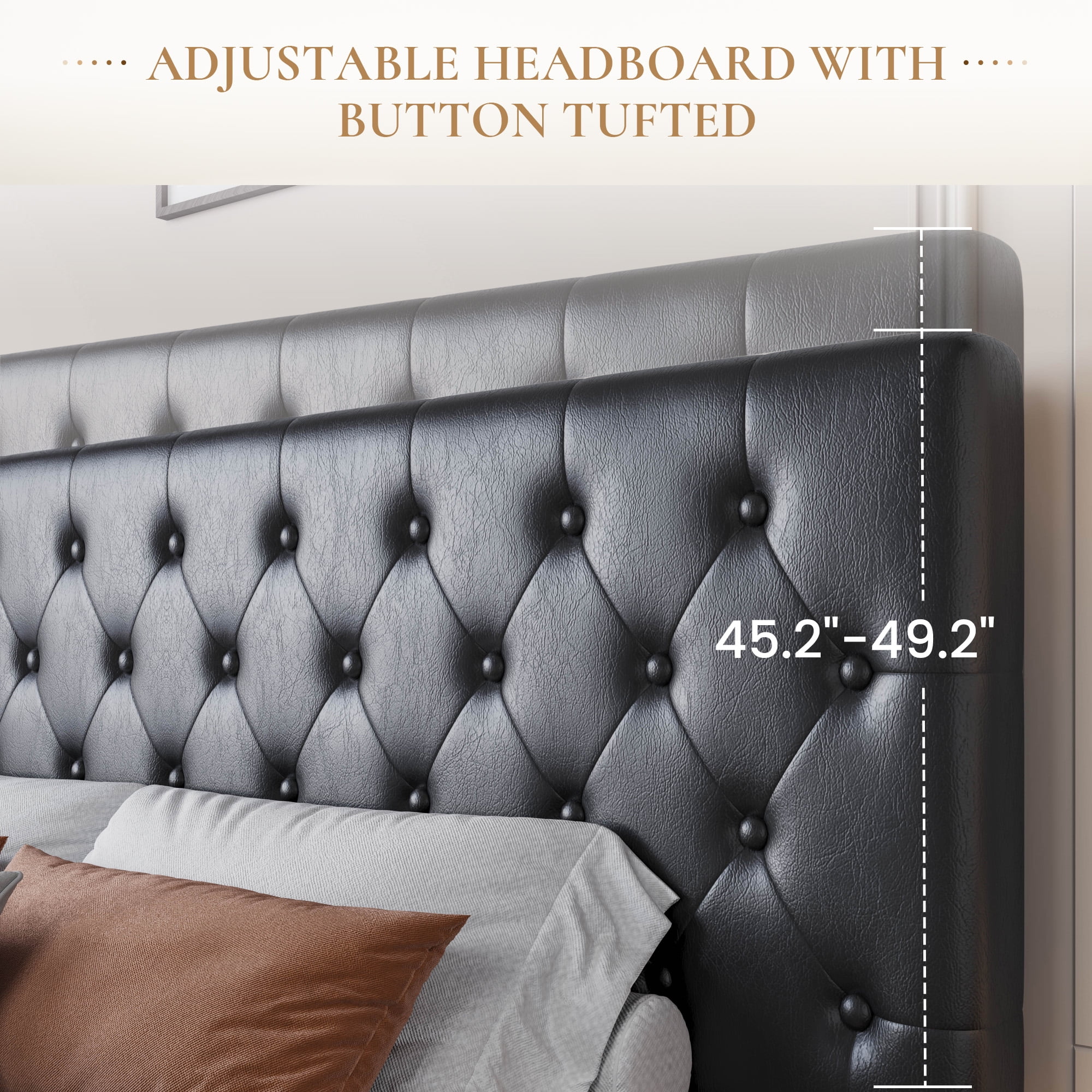 Sha Cerlin King Size Platform bed frame with Adjustable Leather Tufted Headboard, Black