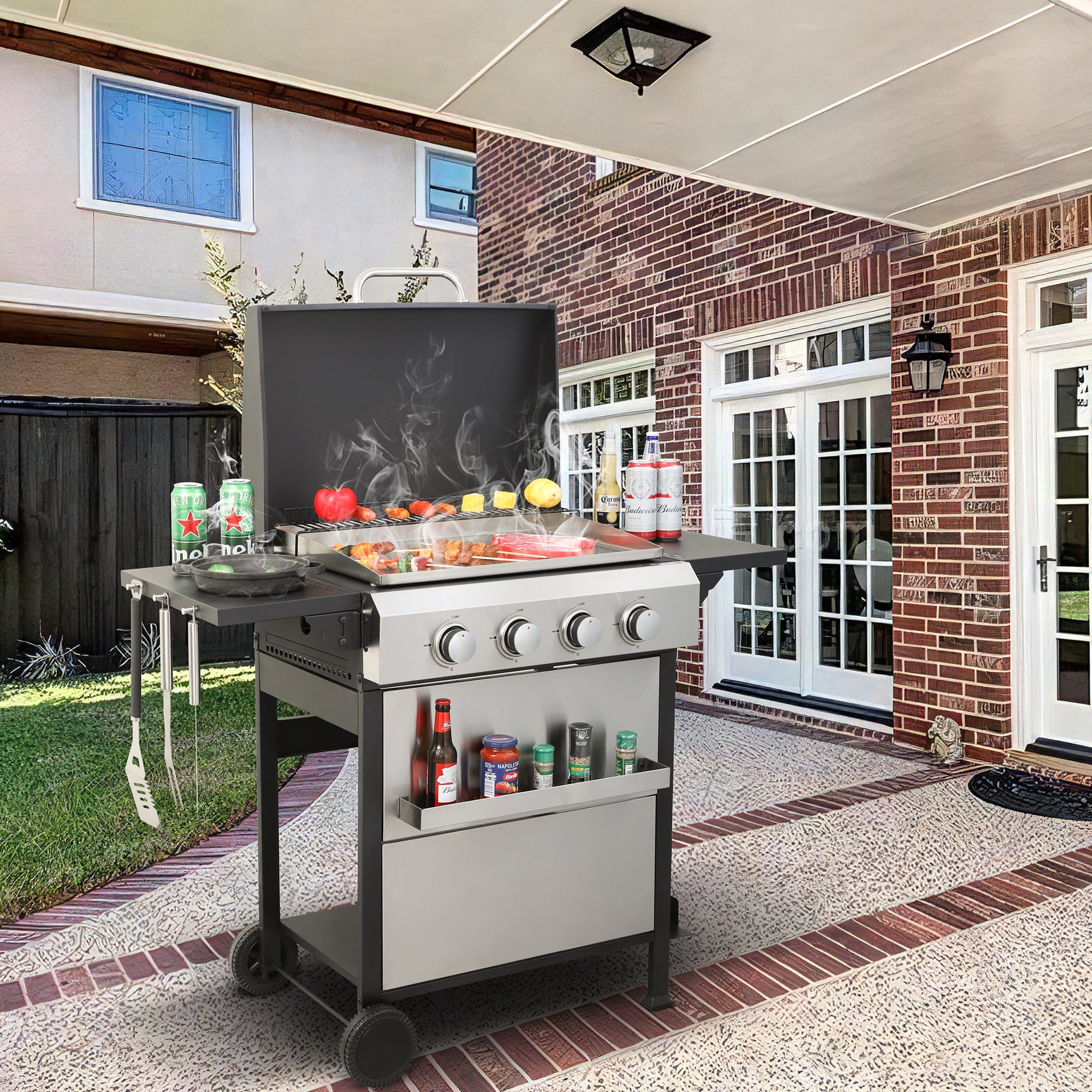 2 in 1 Propane Gas Grill and Griddle Combo, 4 Burner Griddle Grill Combo with Folding Side Tables & Hanging Basket, 49,200BTU Stainless Steel Propane Grill for Outdoor Cooking