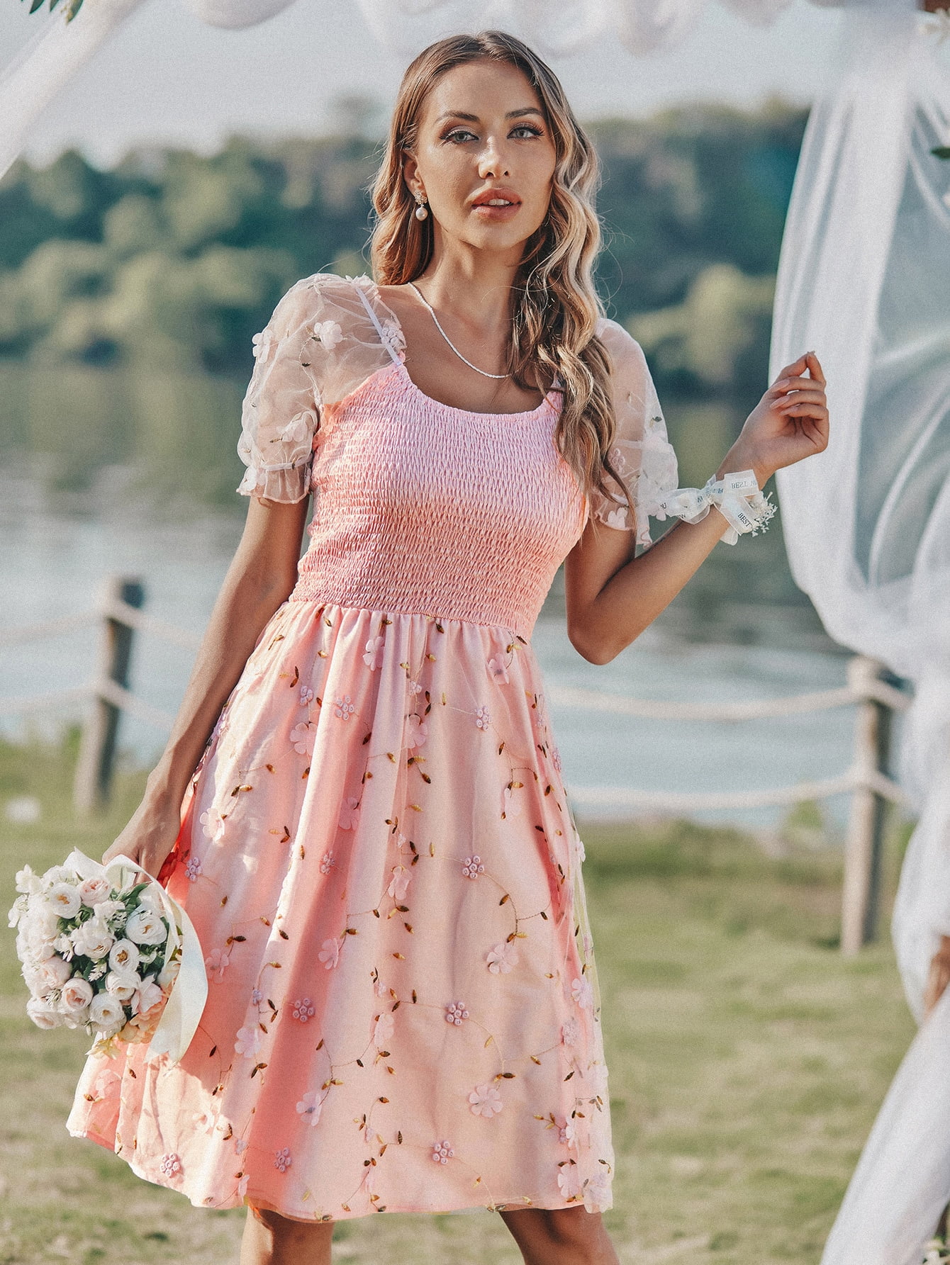Floral Embroidered Applique Puff Sleeve 