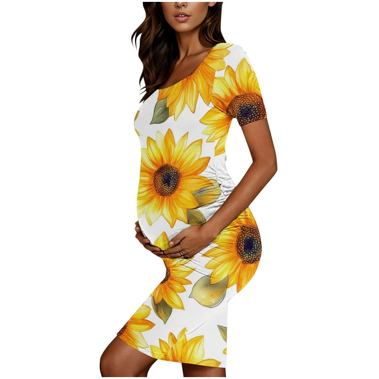 breaise Floral Side Ruch Maternity Dress Summer Crew Neck Bodycon Dress  Short Sleeve Baby Shower Dress Casual Lounge Pregnancy Dress Daily Wear -  Walmart.com