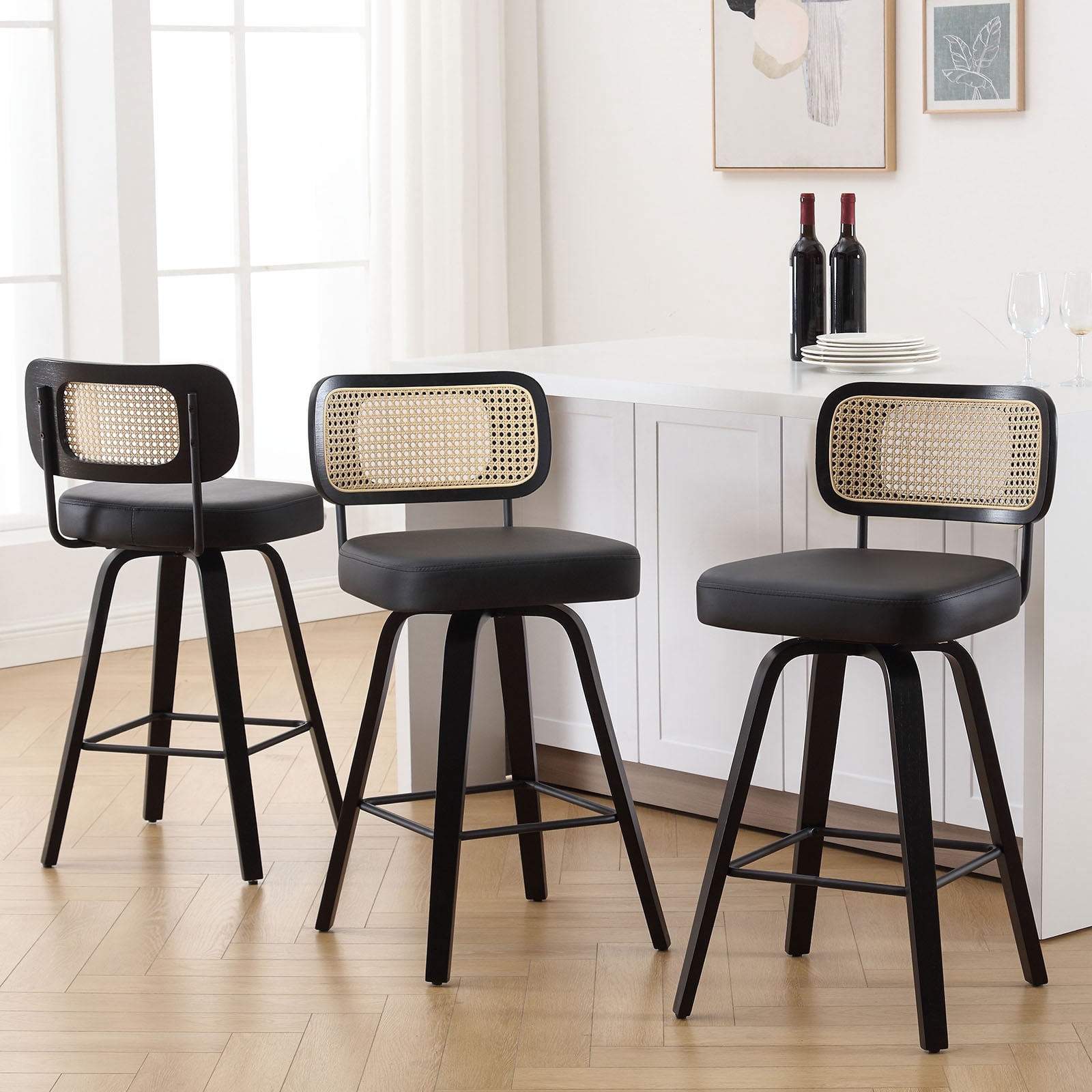 Swivel Counter Height Bar Stools, Set of 2, 26" Seat Height Upholstered PU Leather Barstools with Rattan Back Wood Legs for Home Kitchen Island, Black