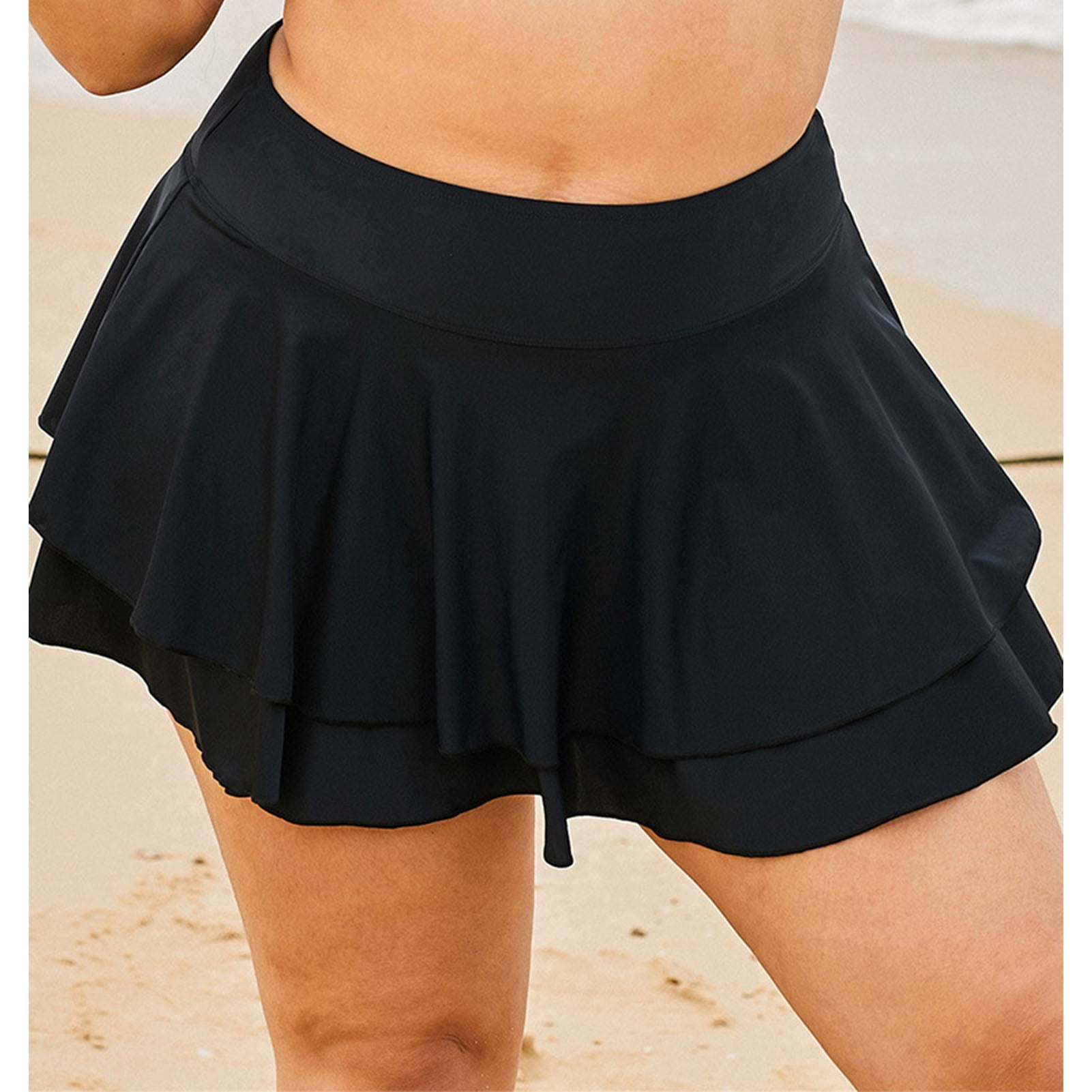 Swim Skirts, Washable Solid Stylish Nylon Ruffle Swim Skirts For Women For Pool Party Black XXXL
