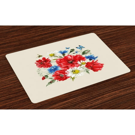 

Flowers Placemats Set of 4 Vintage Watercolor Bouquet of Wildflowers Poppies Daisies Cornflowers Butterflies Washable Fabric Place Mats for Dining Room Kitchen Table Decor Multicolor by Ambesonne