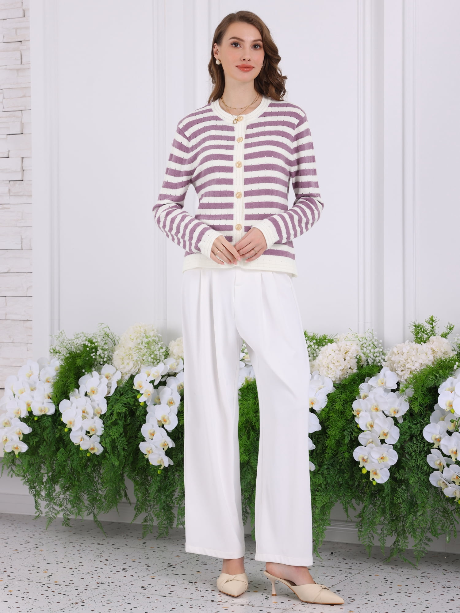 DARING DIVA Women's Striped Knit Long Sleeve Button Down Cardigan S Purple