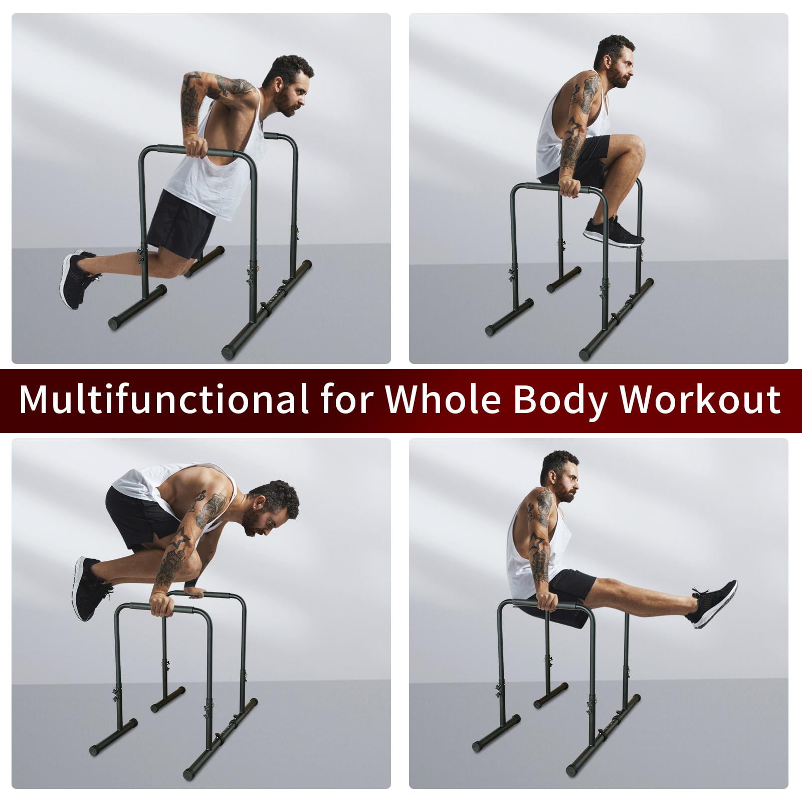 Power Tower Dip Station Pull Up Bar Stand Adjustable Height Heavy Duty Multi-Function Fitness Training Equipment Home Gym 550Lbs Capacity Detachable Bench Foldable Full Body Workout Steel Frame