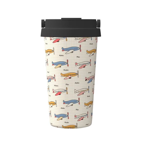 Logiee Striped Vintage Planes Print Stainless Steel Coffee Tumbler, Travel Coffee Mug, Insulated Coffee Mug with Lid, Spill Proof Coffee Cup, Portable Thermal Mug