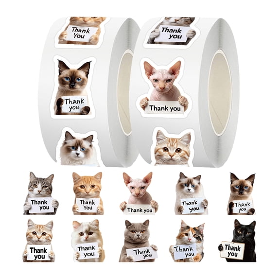 500 Thank You Stickers Roll, Cute Self-Adhesive Cat Labels For Small Business Packaging, Envelope Seals, Diy Crafting & Party Decoration