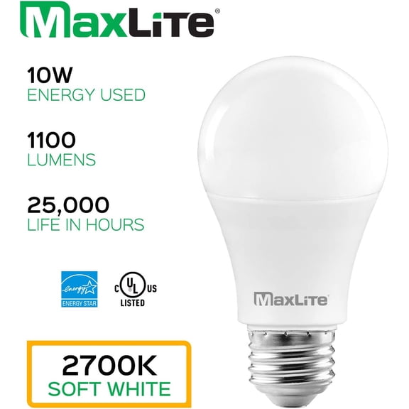 IYFFDFE-MaxLite A19 LED Bulb, Enclosed Fixture Rated, 75W Equivalent, 1100 Lumens, Dimmable, E26 Medium Base, 2700K Soft White, 4-Count(4 Pack) …