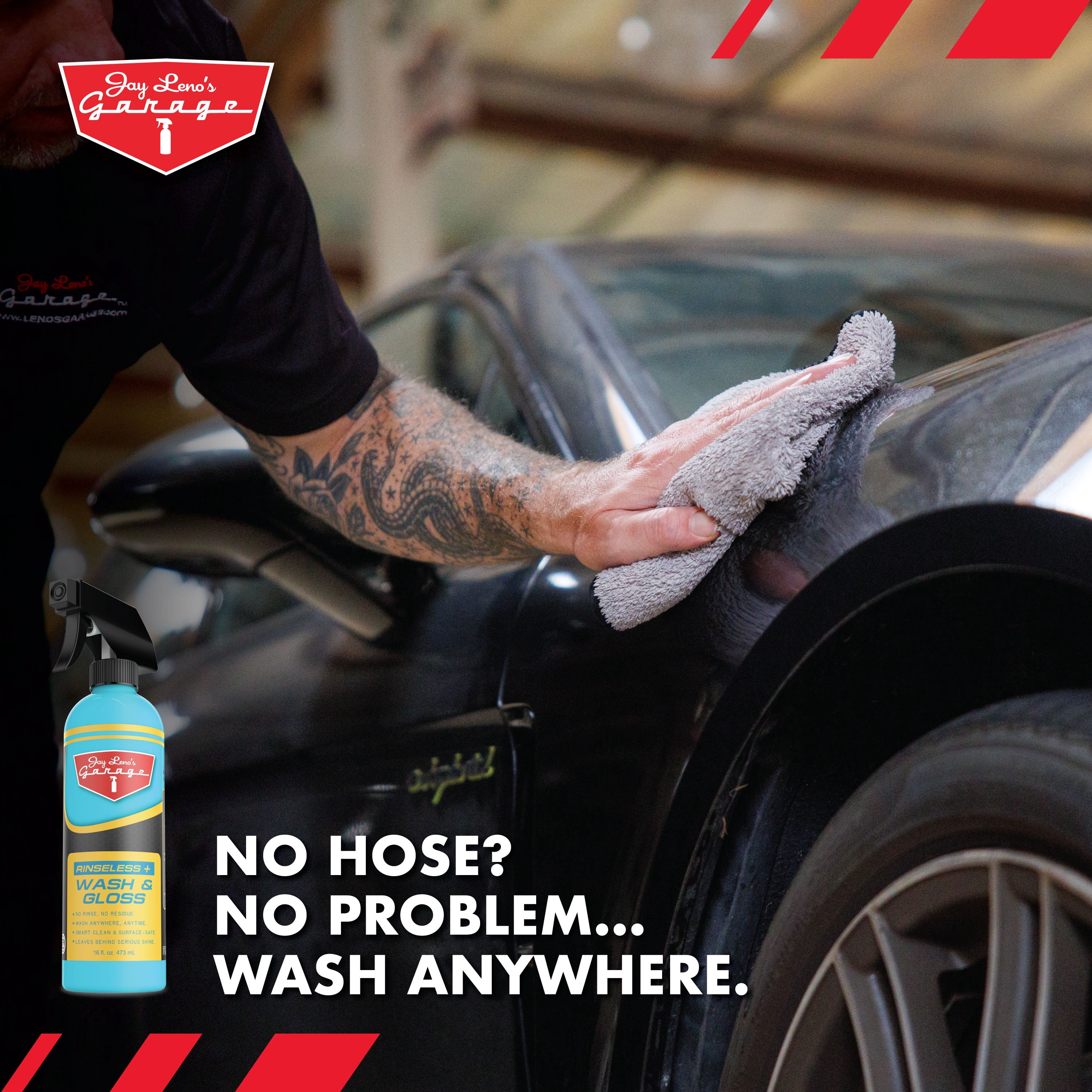 Jay Leno's Garage Rinseless+ Wash & Gloss (16 oz) – Waterless Car Wash Formula for Shine & Protection, No-Rinse, Eco-Friendly, Safe for All Finishes