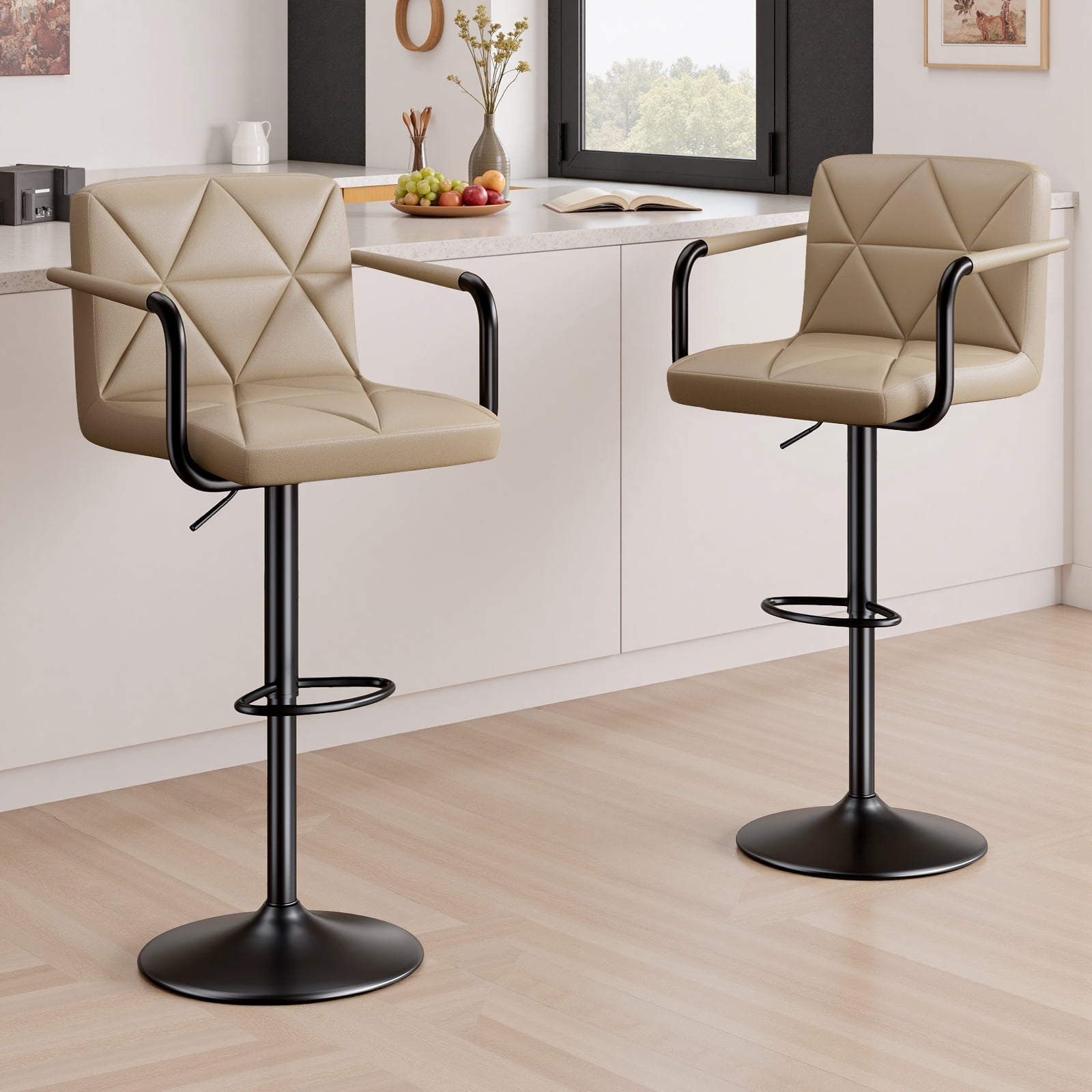 Daluvenix Bar Stools Set of 2， PU Leather Adjustable Swivel Barstools，Hydraulic Counter Height Bar Chairs with Armrest Back for Kitchen Island，Khaki