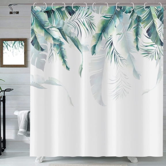 Tropical Shower Curtain, Green Palm of Leaves Forest Leaf Pattern Plants Botanical Bath Curtains Waterproof Fabric with Hooks for Home Decor, 72Wx72H